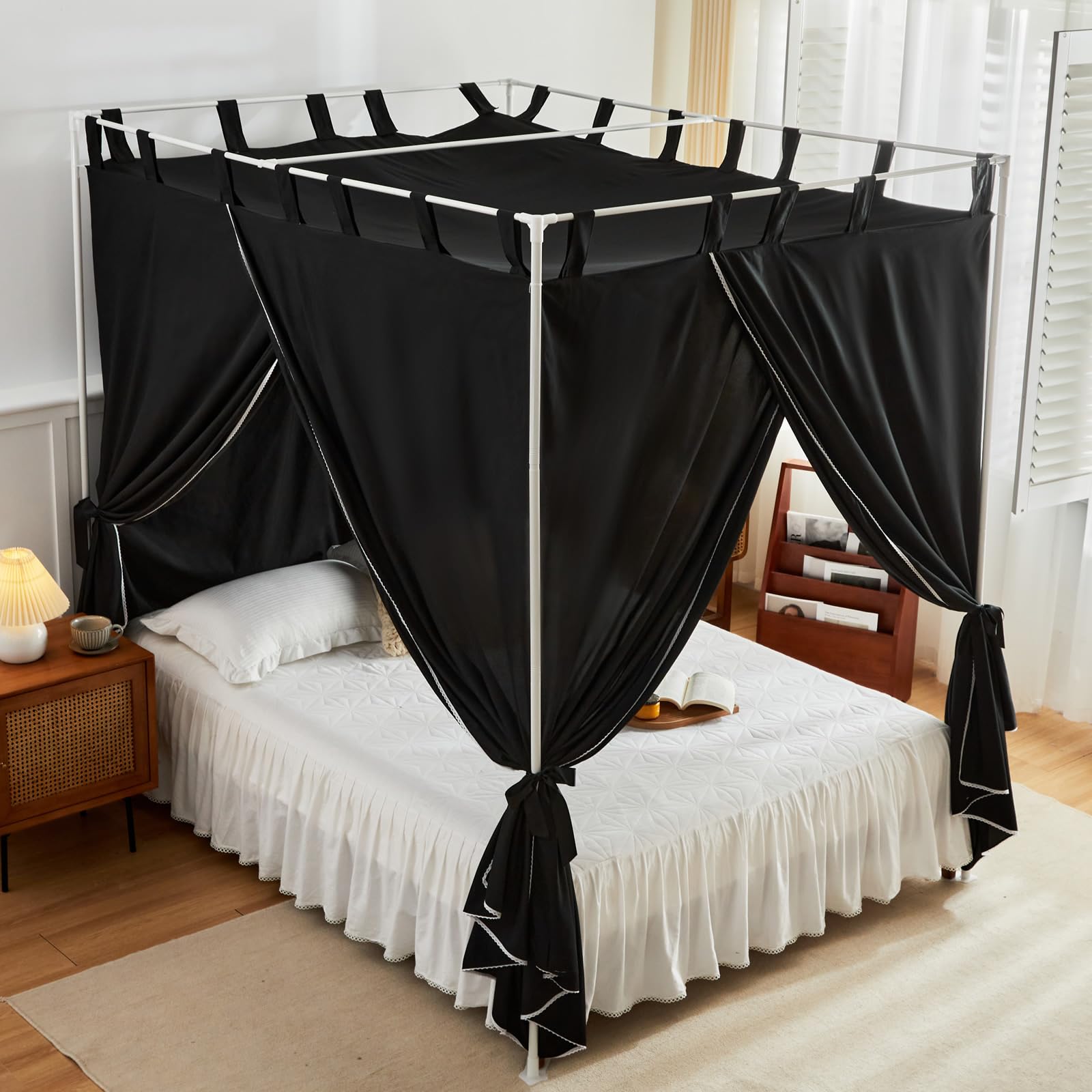 AIKASY Black Canopy Bed Curtains with Top Ties & Tie Backs - Twin Size Windproof Lightproof Bedroom Drapes for Privacy & Decoration | Perfect for Romantic Bedrooms, Dorm Rooms & Cozy Sleep Spaces