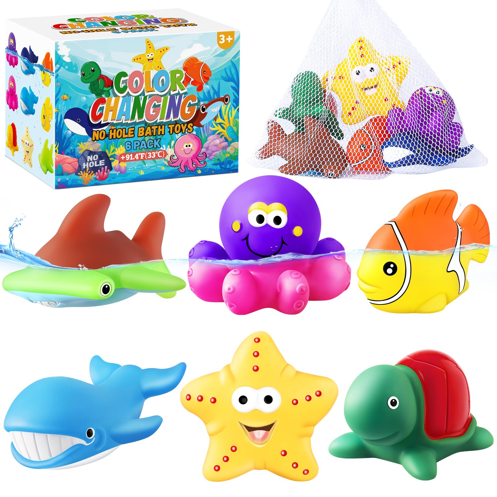 Color Changing Bath Toys for Kids 1-8 - Sea Creatures with Drying Bag - Perfect for Pool, Beach & Easter Gifts
