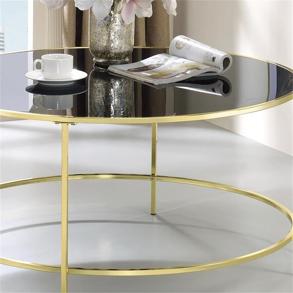 BOWERY HILL Modern Glass Top Round Coffee Table with Brass Base - Perfect for Living Room, Lounge & Office Decor