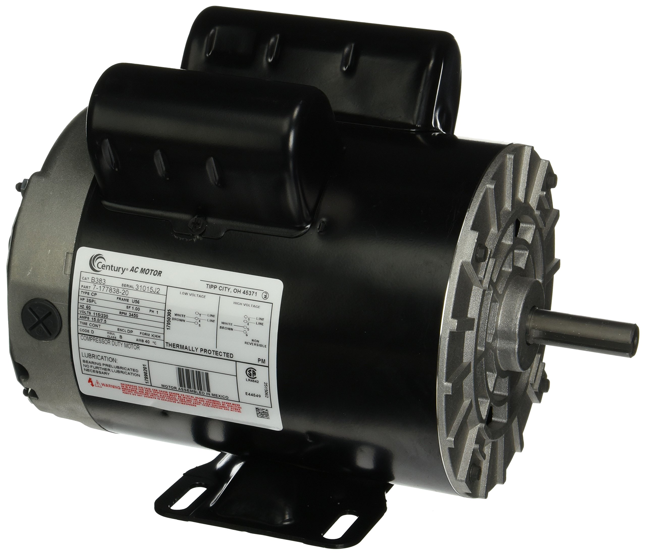 Century B383 3 HP SPL 3450 RPM U56 Frame 115/230V Air Compressor Motor - Powerful Industrial Motor for Workshops, Garages & DIY Projects