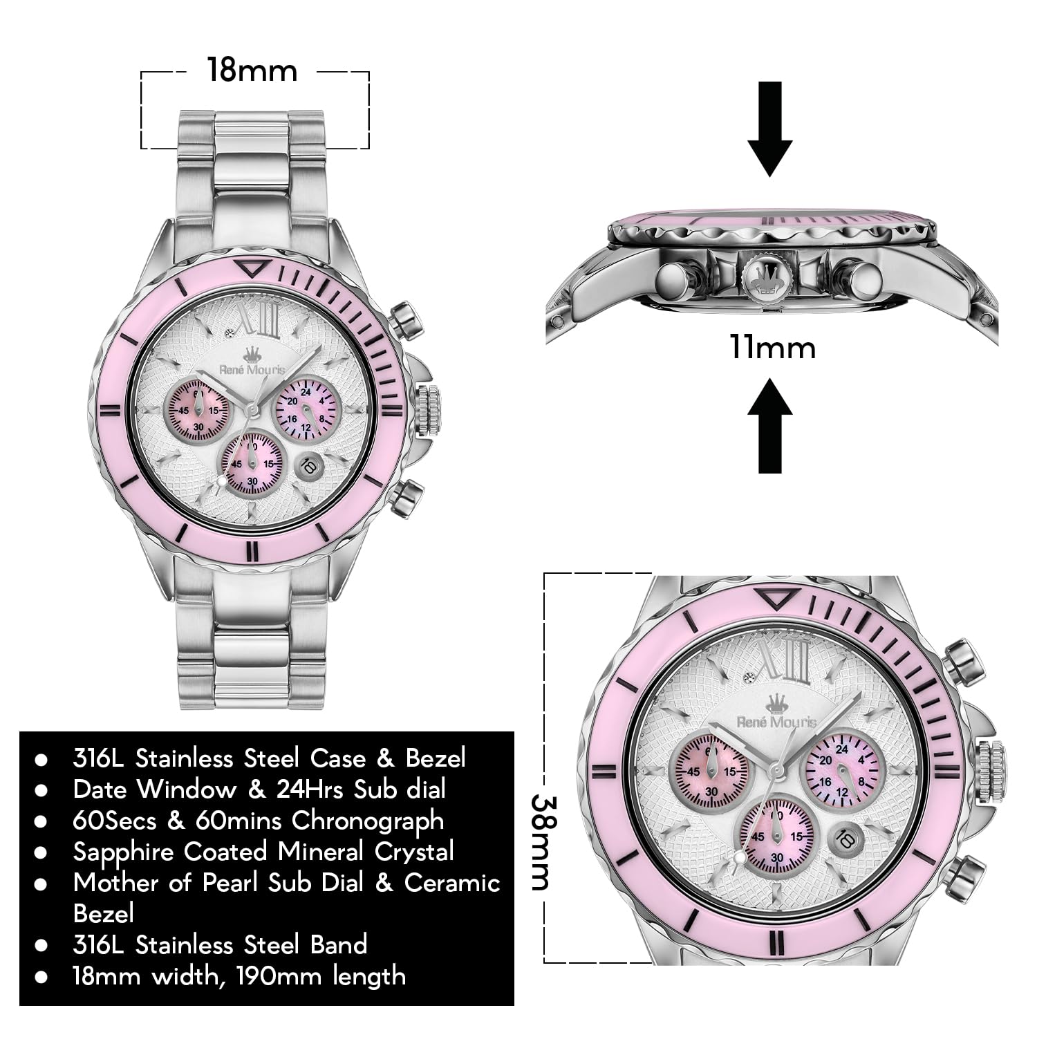 René Mouris Dream-I Japanese Quartz Women's Watch - 38mm 316L Stainless Steel Chronograph with Sapphire Coated Crystal | Waterproof to 50M | Elegant Dress Watch for Office, Party & Everyday Wear