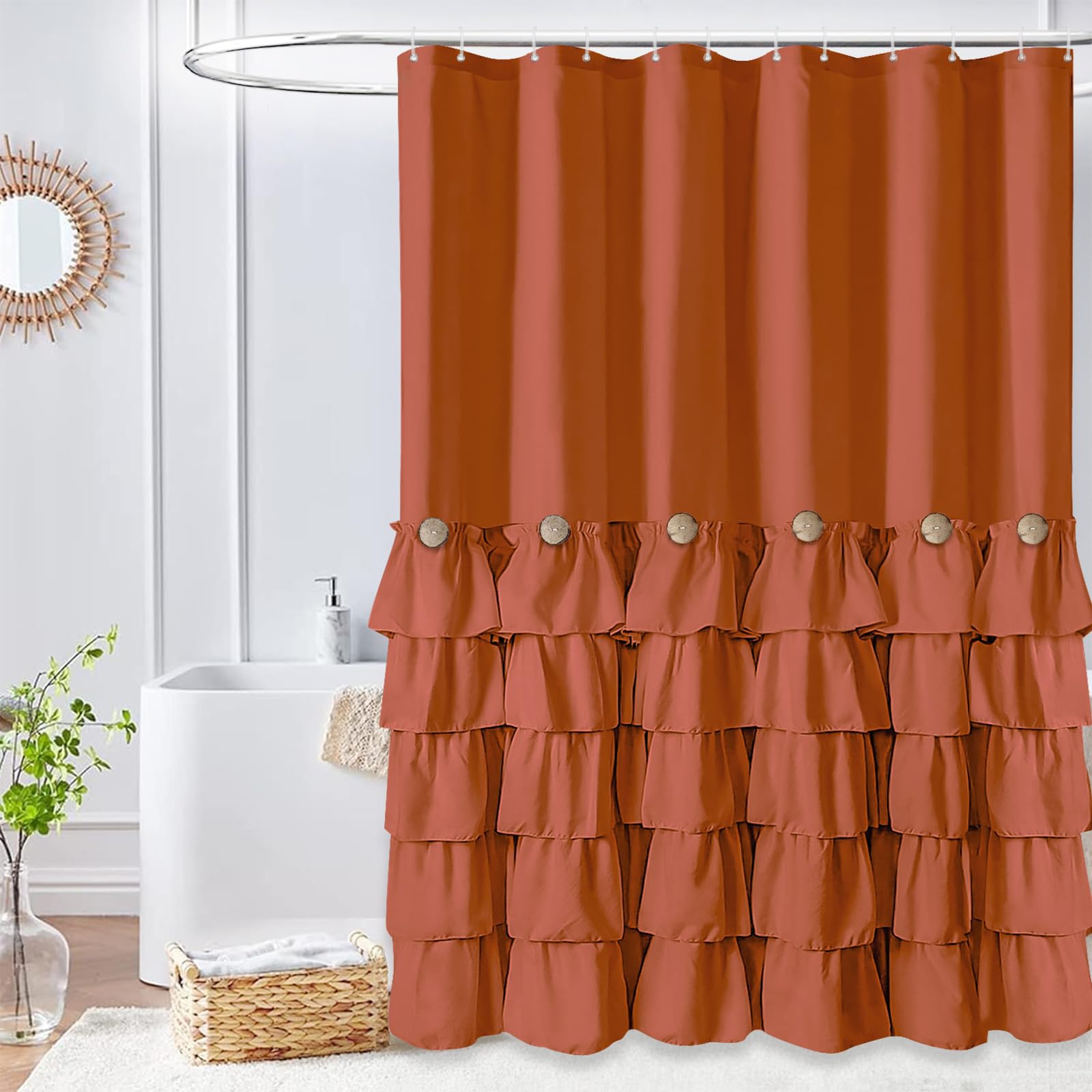 Seasonwood Burnt Orange Shower Curtain with Nature Buttons & Ruffles - 72x72 Inch Farmhouse Bathroom Decor for Rustic, Vintage or Boho Style Homes