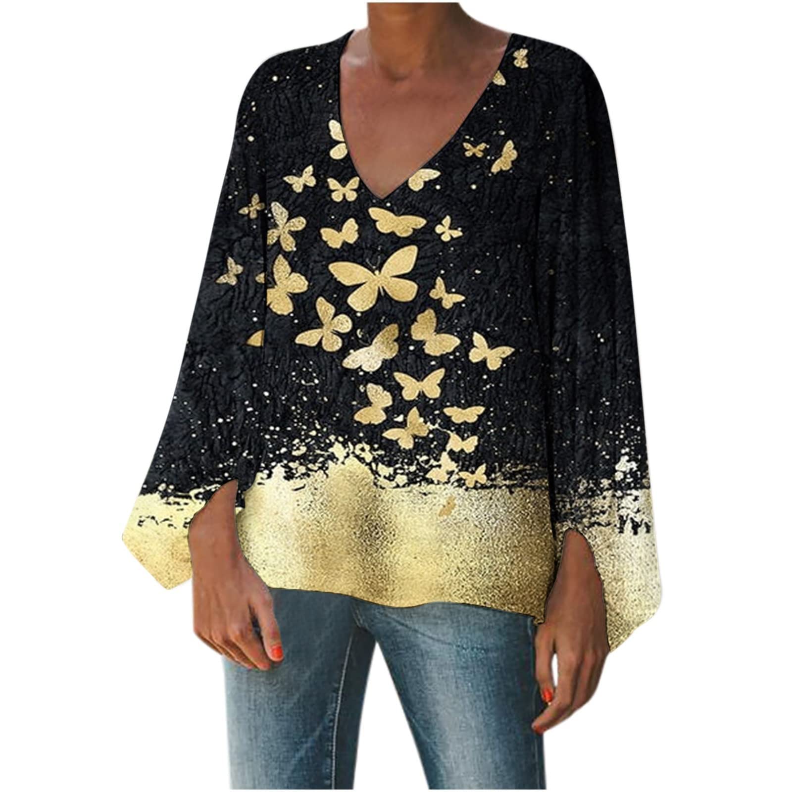UODSVP Women's Cotton Printed T-Shirt - Elegant Long V-Neck Lantern Sleeve Blouse - Casual Loose Fit Top for Work, Date Night & Everyday Wear