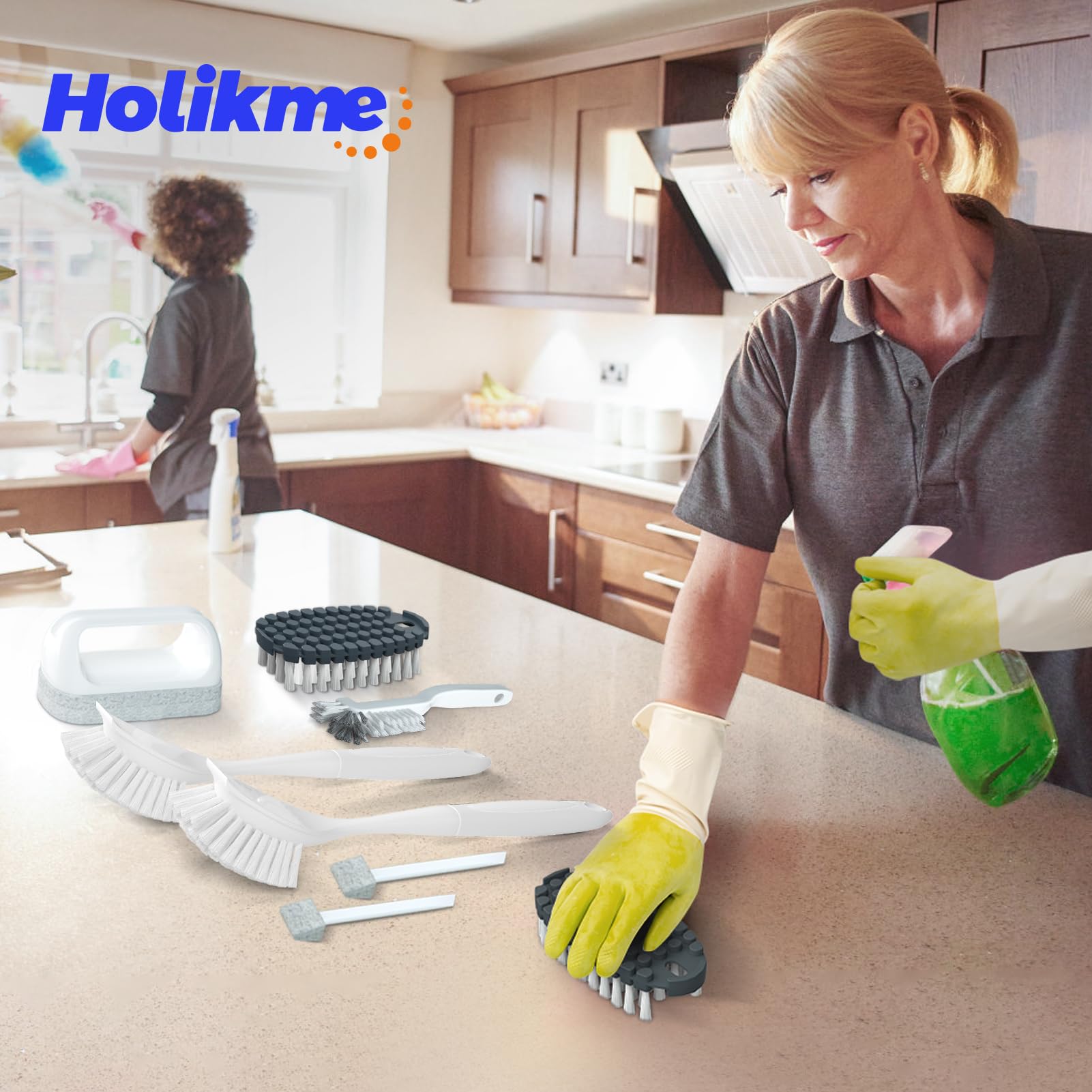 Holikme 7-Piece Dish Cleaning Brush Set - Scouring Pads, Kitchen Scrub Brushes, Bendable & Gap Cleaners for Pots, Pans, Sinks - Durable White Cleaning Tools for Easy Dishwashing & Stain Removal