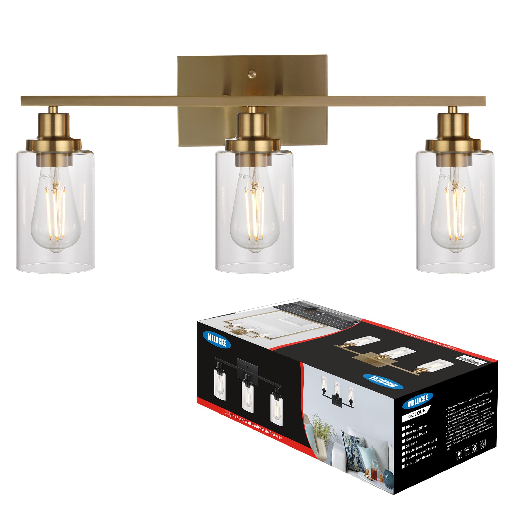 3-Light MELUCEE Wall Sconces - Brushed Brass Modern Vanity Lights for Bathroom, Bedroom, Porch, Living Room & Kitchen - Clear Glass Shade Fixtures | Perfect for Ambient Lighting in Hallways, Entryways and Home Decor