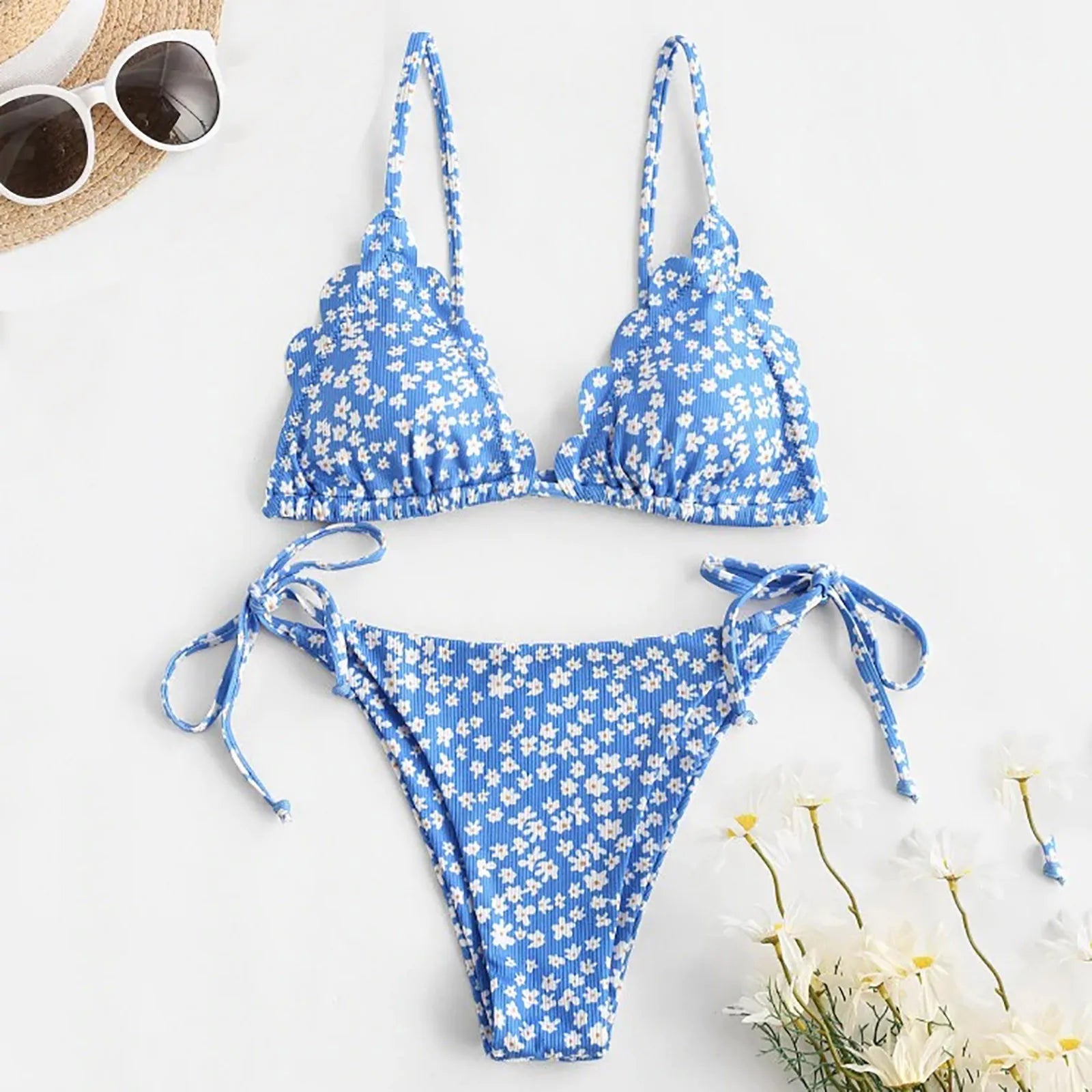 Trendy Y2K Floral Print Women's Bikini Set - Suspender Lace Up Two Piece Swimsuit for Summer Beach Vacation & Pool Party | Hawaiian Style Bathing Suit