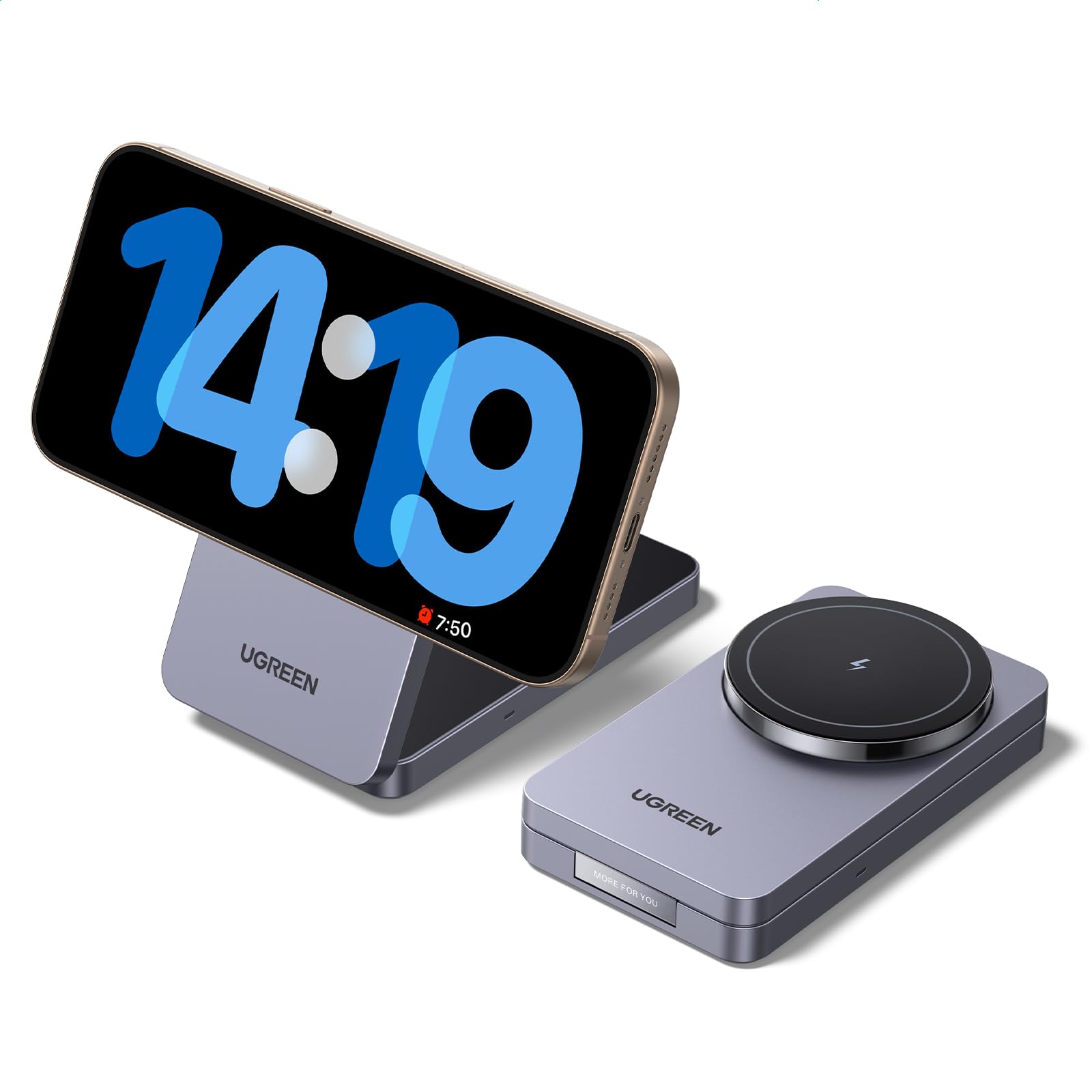 UGREEN MagFlow 15W Magnetic Wireless Charger Stand - Qi Certified 2-in-1 Foldable Charging Station for iPhone 16/15/14/13/12 Pro Max/Plus & AirPods 3/2/Pro | Adjustable Angle for Bedside, Office & Car Use