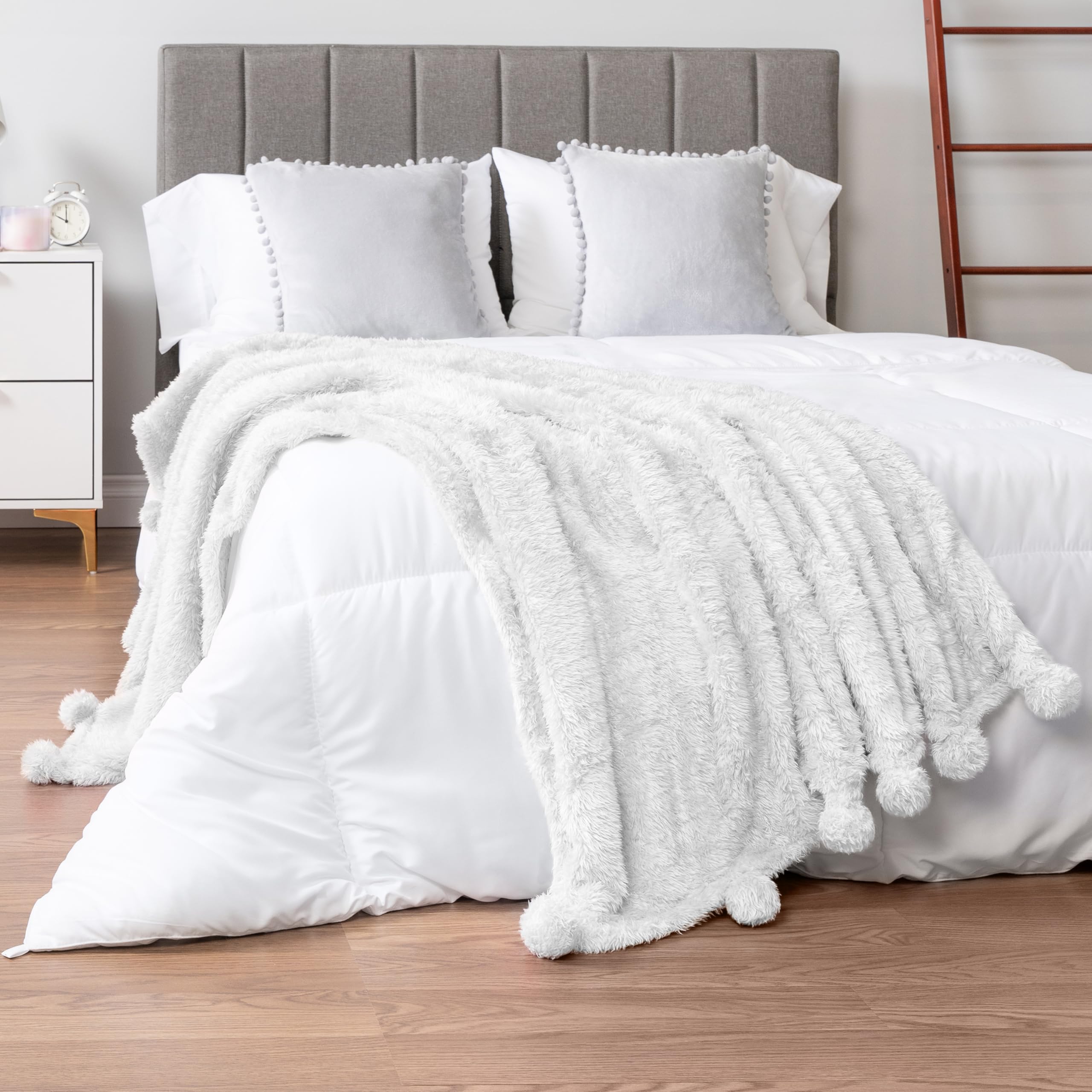 PAVILIA White Sherpa Throw Blanket for Couch & Bed - Warm Plush Pom Pom Blanket Twin Size 60x80 Inches - Lightweight Soft Cozy Fluffy Blanket for Sofa, Living Room, Dorm & Winter Nights