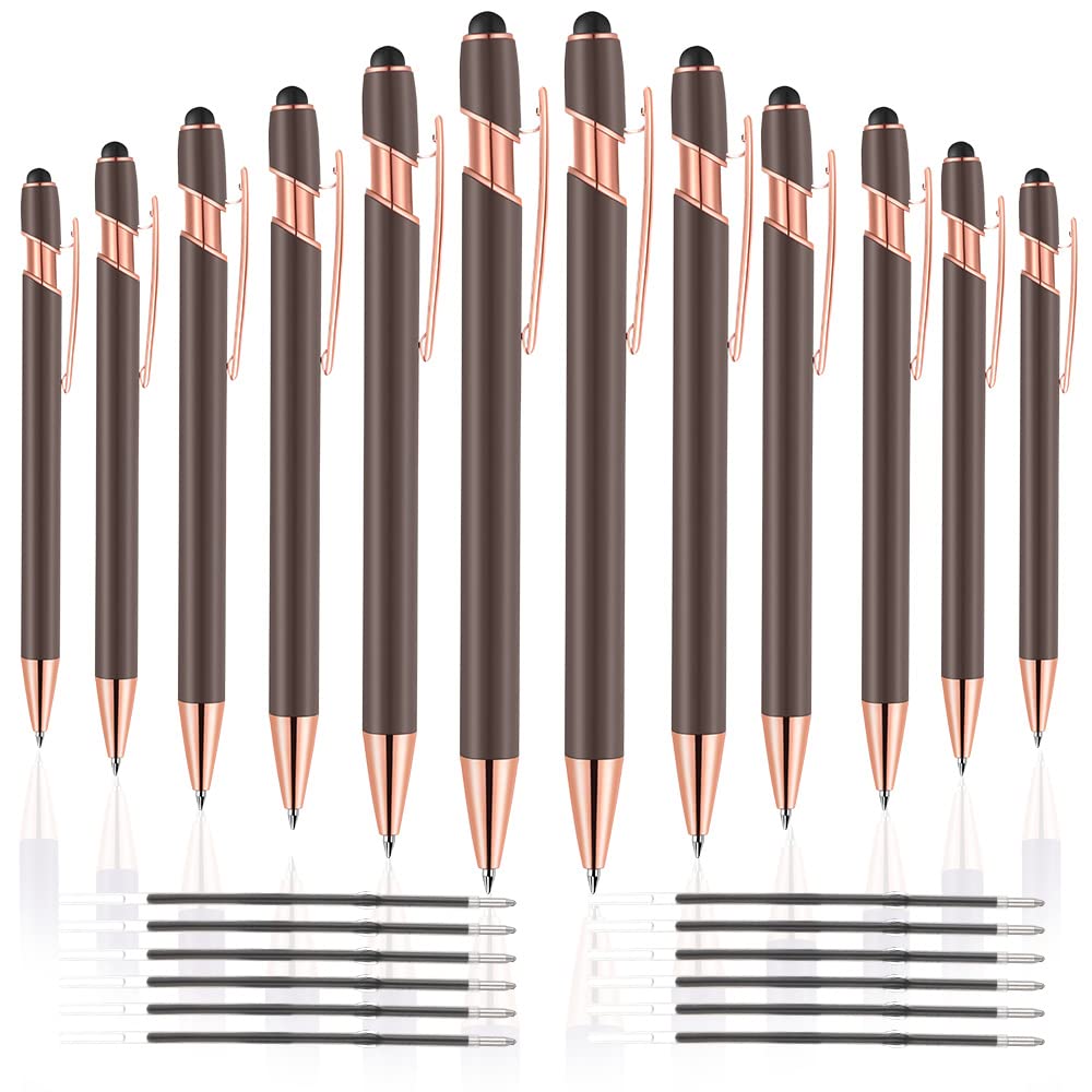 12-Pack 2-in-1 Stylus Ballpoint Pens with 1.0mm Black Ink - Metal Touch Screen Stylus Pen with 12 Refills (Rose Gold & Gray) for iPad, iPhone, Android Tablets & Digital Note Taking