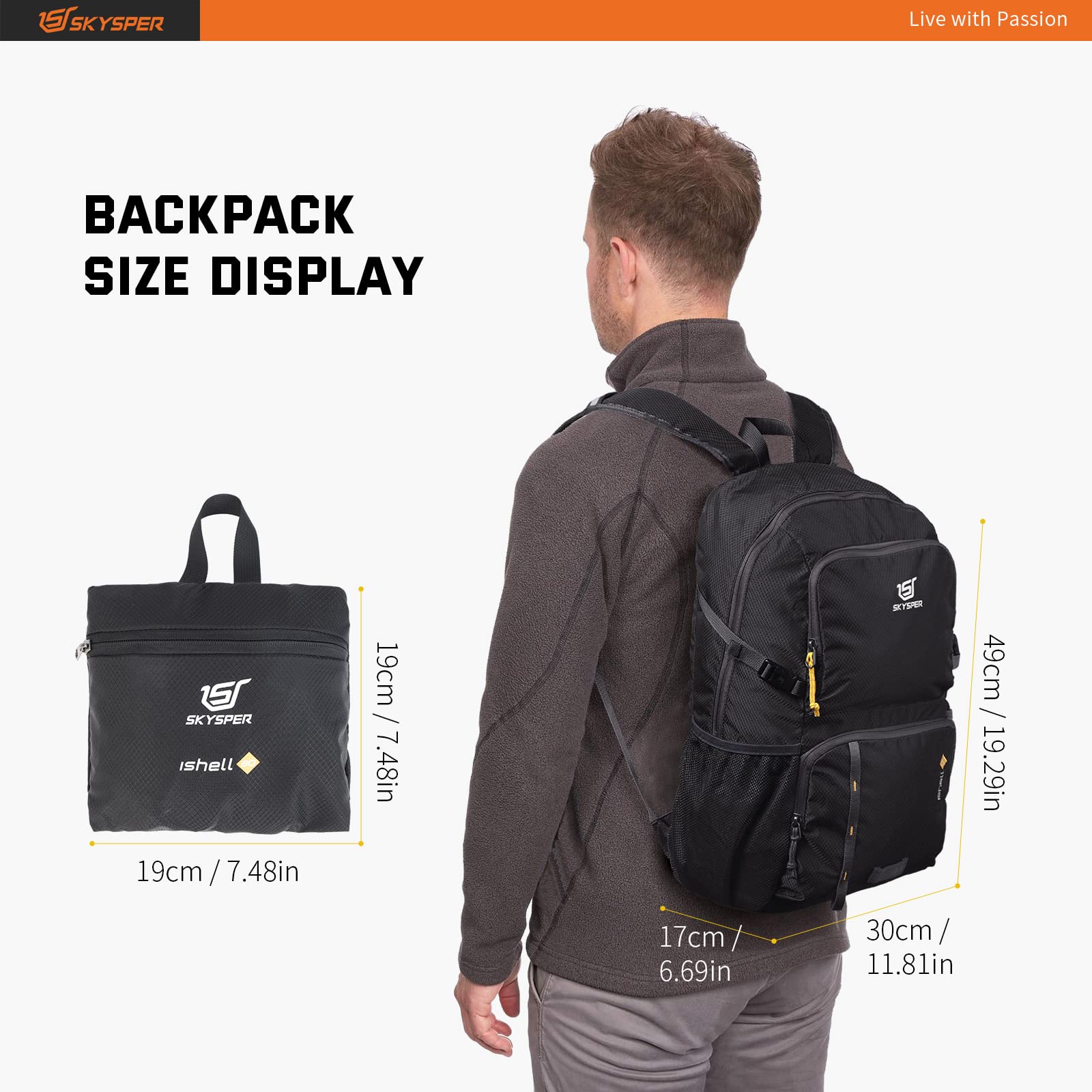 SKYSPER 30L Lightweight Packable Hiking Backpack - Waterproof Wet Pocket Foldable Daypack for Travel, Camping & Outdoor Activities - Perfect Carry-on Backpack for Women & Men