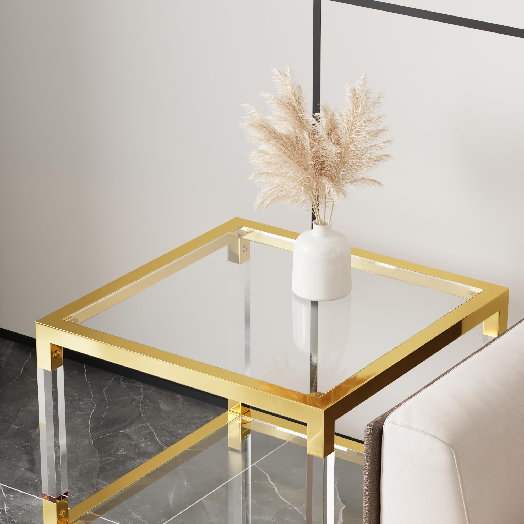 Premium 2-Piece Glass Coffee Table Set - 2-Tier Modern Living Room End Tables with Gold Frame & Clear Acrylic Legs for Apartment, Office & Lounge Decor | Perfect for Entertaining Guests or Relaxing with Coffee