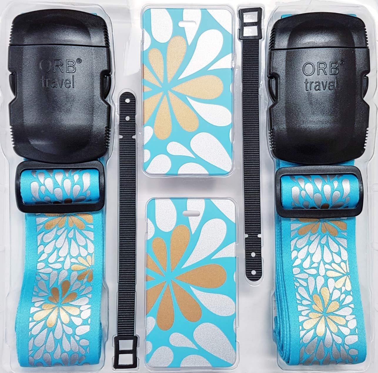 ORB Travel Essentials Kit TE215 - Blooms Turquoise & Metallic Gold Travel Accessories Set | Perfect for Vacation, Business Trips & Carry-On Luggage Organization