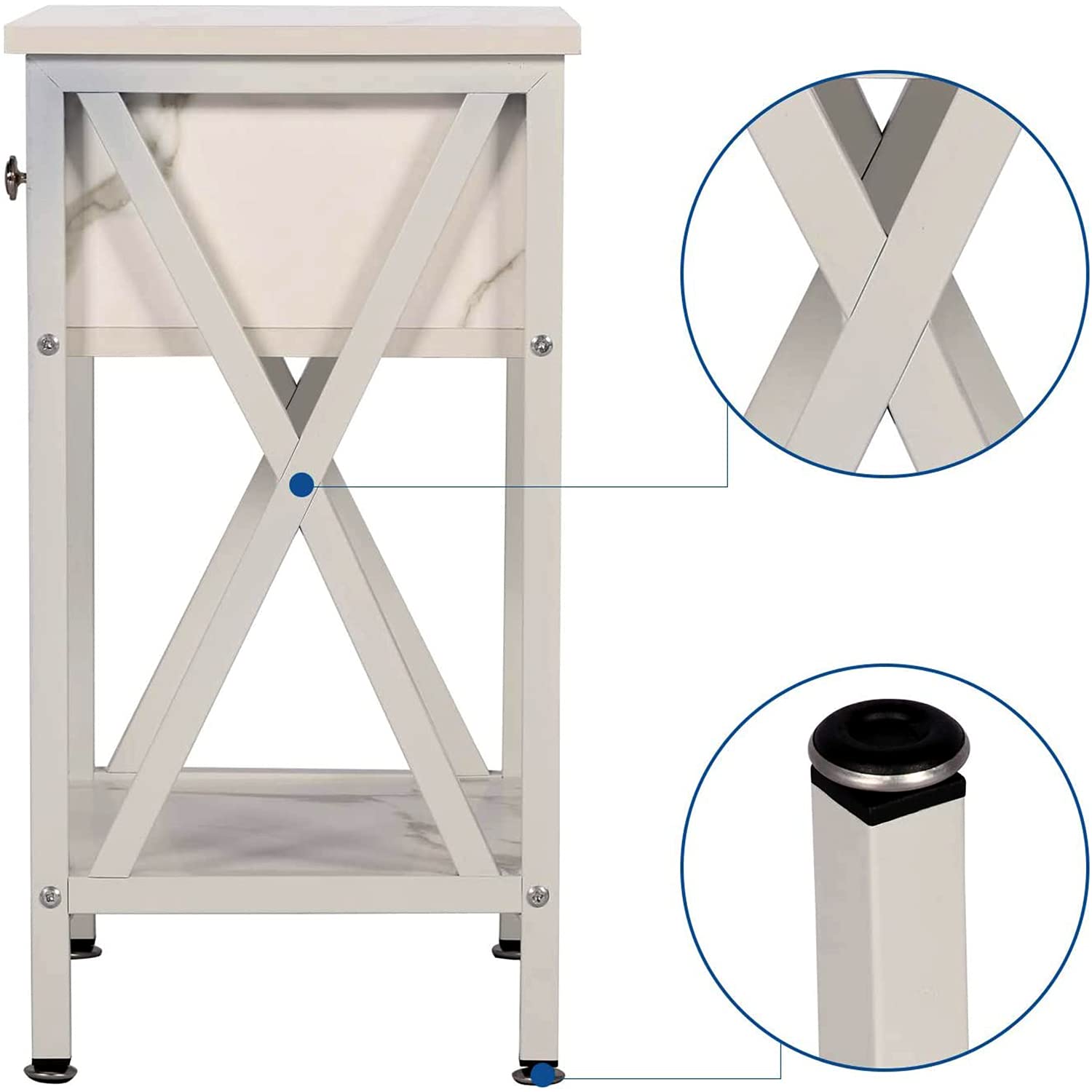 VECELO Modern Nightstand with Storage Drawer - X-Design End Table with Shelf for Bedroom & Living Room - Marble White Finish - Perfect for Small Spaces & Apartment Decor