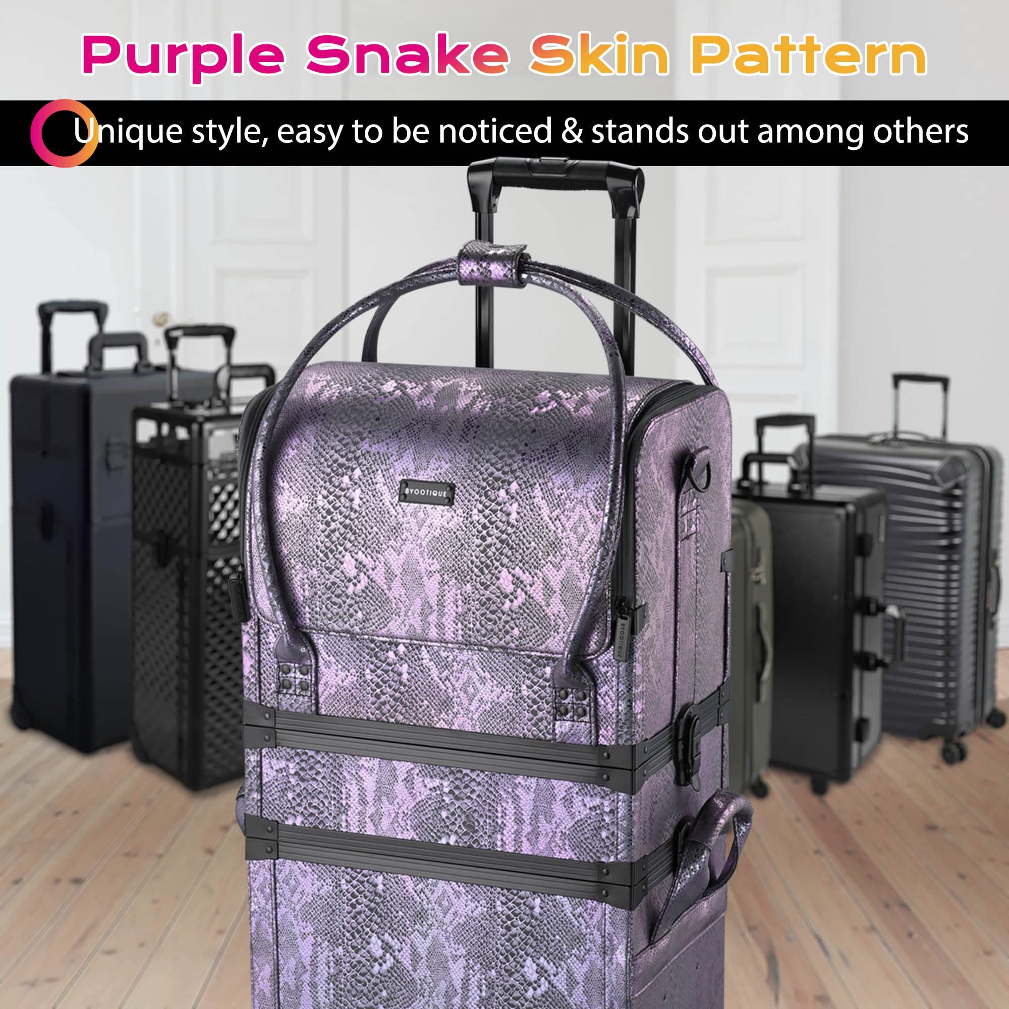 BYOOTIQUE 3-in-1 Rolling Makeup Train Case - Lockable Cosmetic Organizer with Wheels, Leather Travel Trolley & Storage Bag for Makeup Artists & Lovers (Purple) - Perfect for Salon Professionals, Travel & Home Organization