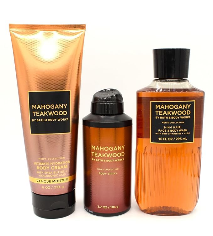 Mahogany Teakwood Scented Body Care Set - BBW Bath & Body Works Body Spray, Body Wash & Body Cream Bundle | Perfect for Men's Grooming, Spa Day & Luxury Gift Sets