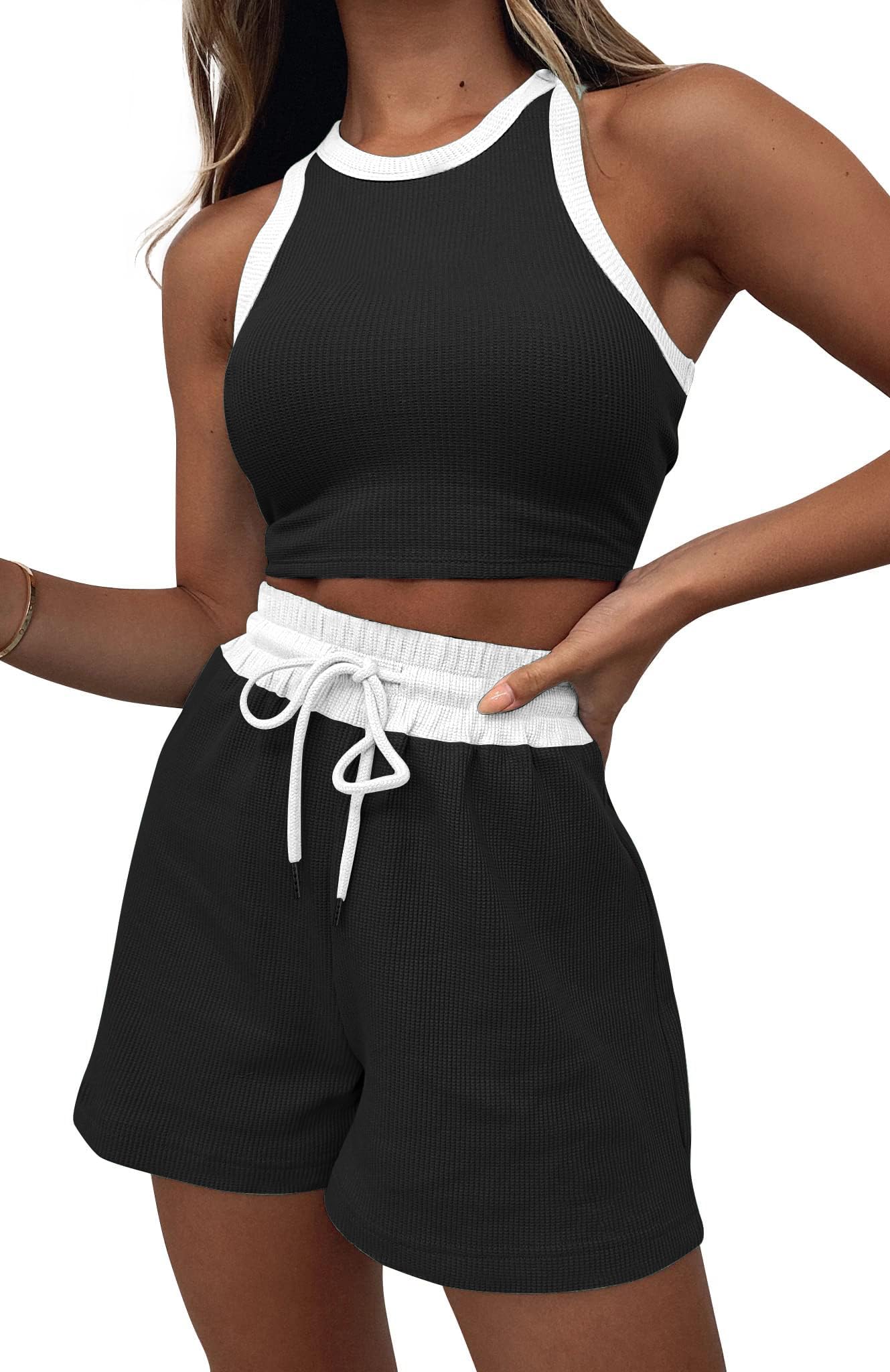 Lingswallow 2 Piece Women's Lounge Set - Soft Waffle Knit Sleeveless Crop Top & Comfortable Shorts | Casual Loungewear, Sleepwear & Home Outfit for Women | Perfect for Relaxing, Yoga & Running Errands