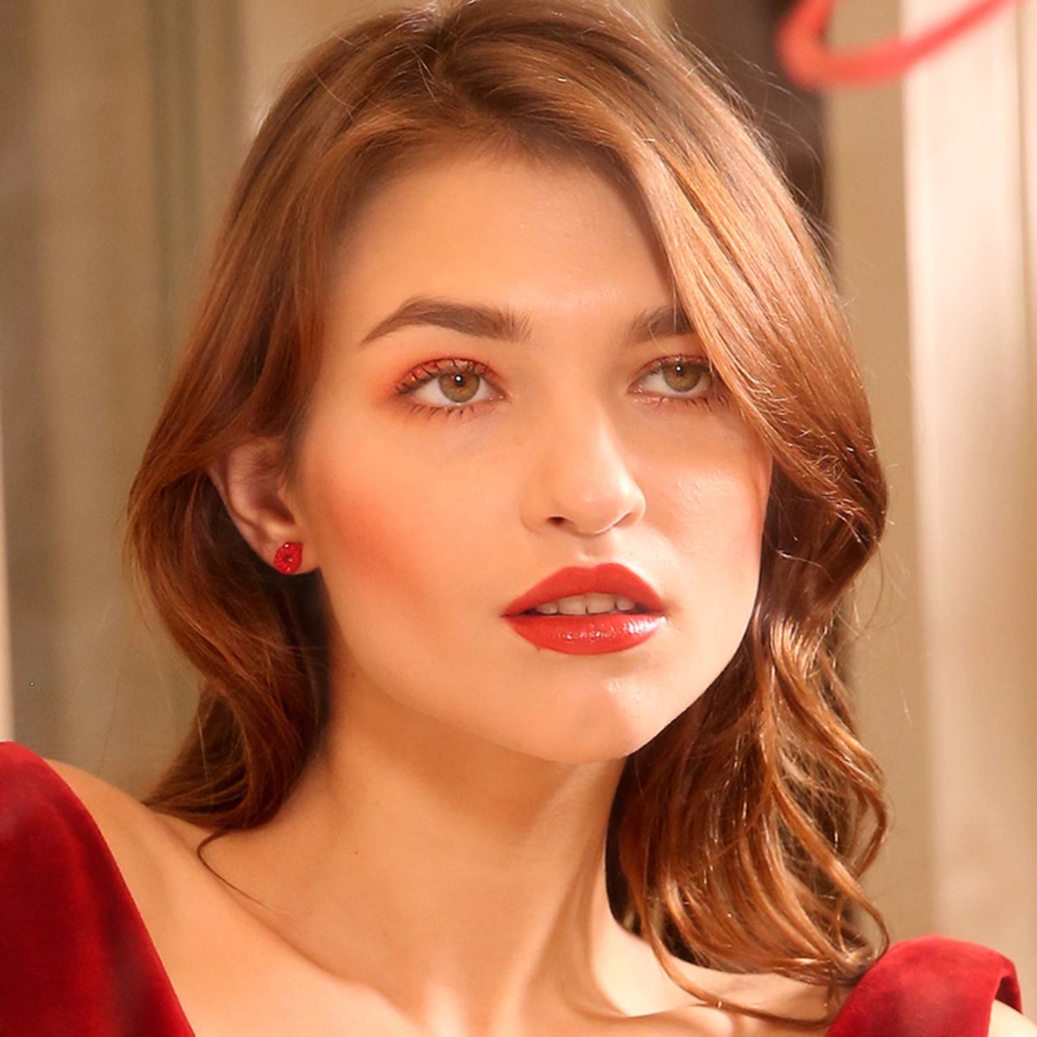 Honbay 1 Pair Sexy Red Lip Stud Earrings for Women - Sparkling Rhinestone Crystal Kiss Lip Ear Studs - Perfect for Date Night, Parties & Gifts