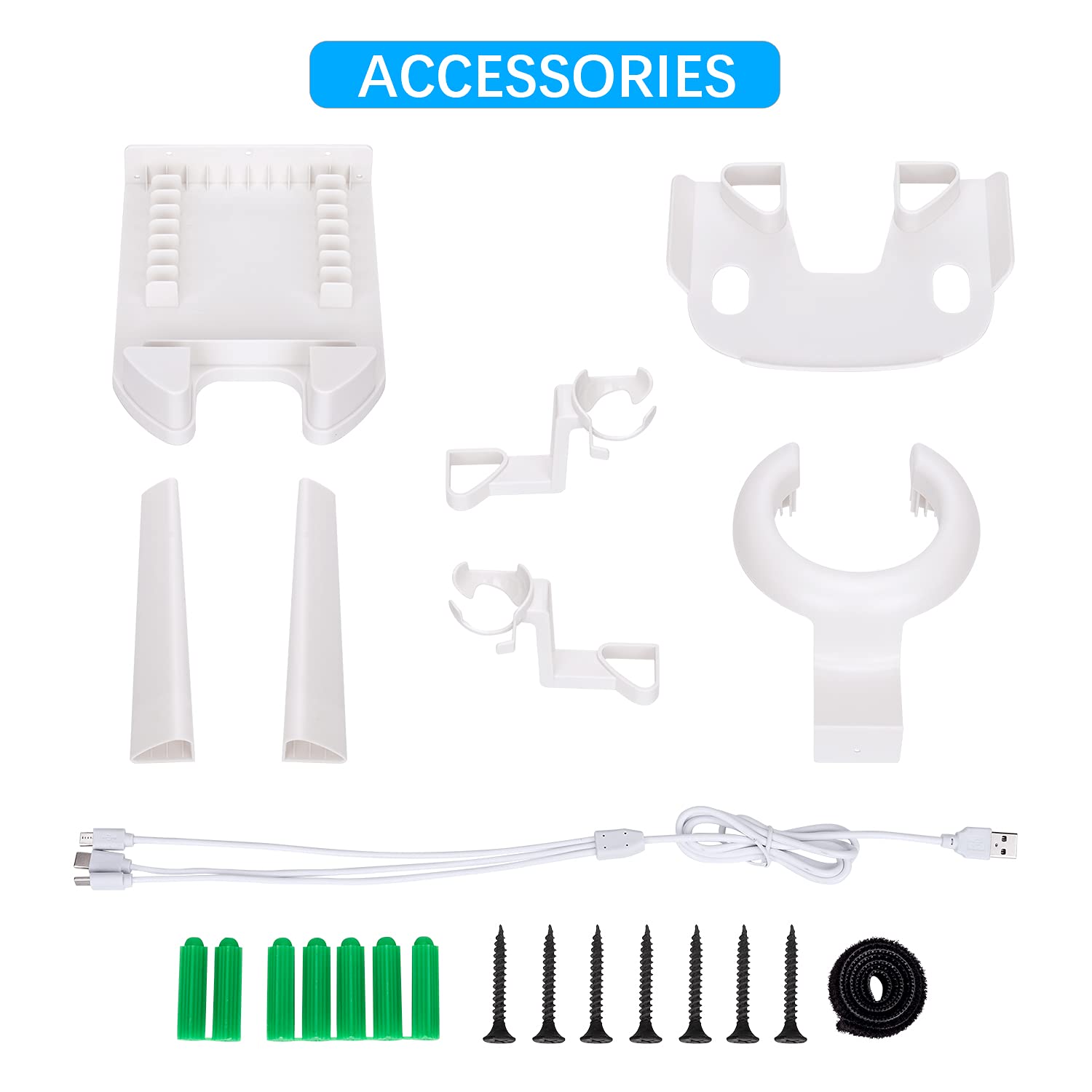 5-in-1 VR Stand & Wall Mount Kit for Oculus Quest 2/Rift/GO/PS VR/HTC Vive - Headset & Controller Holder with Cable Management (White) - Perfect for Gaming Setup & VR Accessories Organization