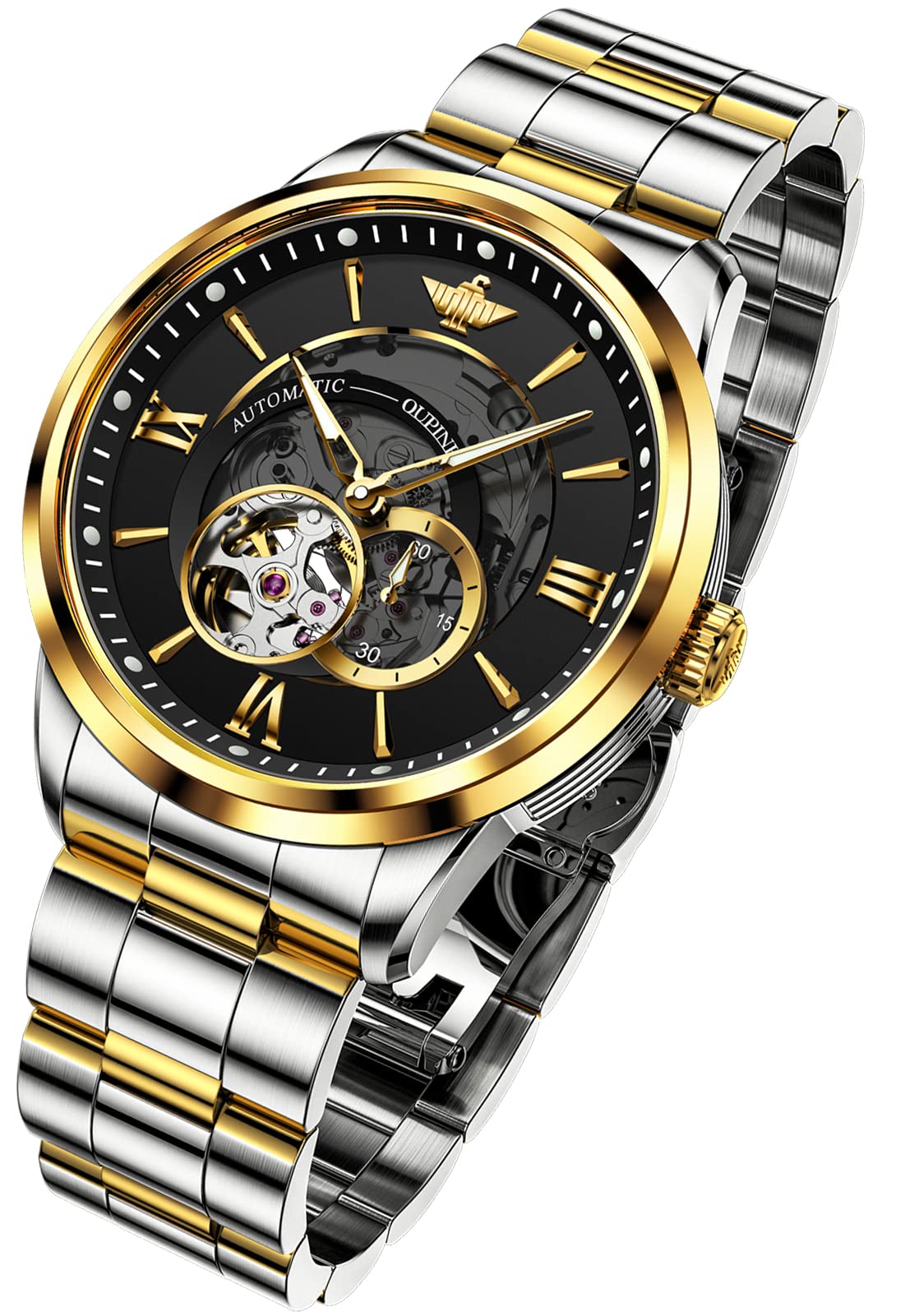 OUPINKE Swiss Luxury Men's Automatic Skeleton Mechanical Watch - Self-Winding, Sapphire Crystal, Tungsten Case, 50M Waterproof - Perfect for Business, Formal Events & Daily Wear