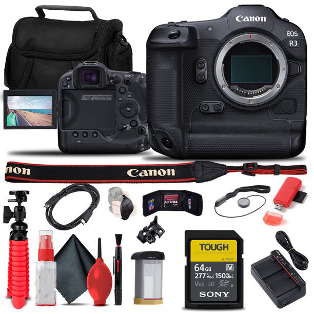 Canon EOS R3 Full Frame Mirrorless Camera Body Only with Sony 64GB TOUGH SD Card Bundle - Includes Card Reader, Protective Case, Flexible Tripod, Hand Strap, Lens Cap Keeper, Memory Wallet & Cleaning Kit - Perfect for Professional Photography, Travel & Vlogging