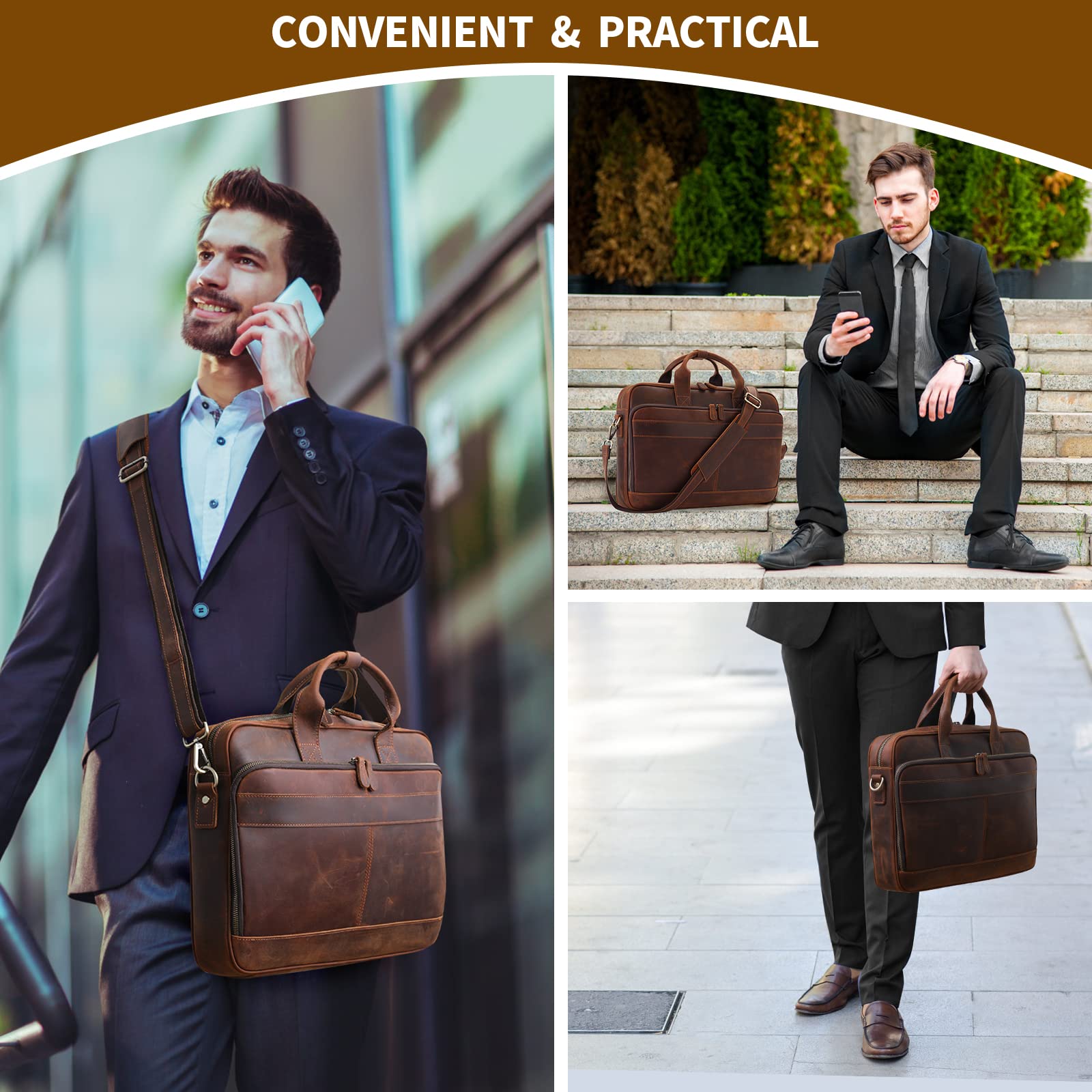 Premium Genuine Leather Briefcase for Men - Business Laptop Messenger Bag for Work & Travel - Durable Office Bag for Professionals, Commuters & Business Trips