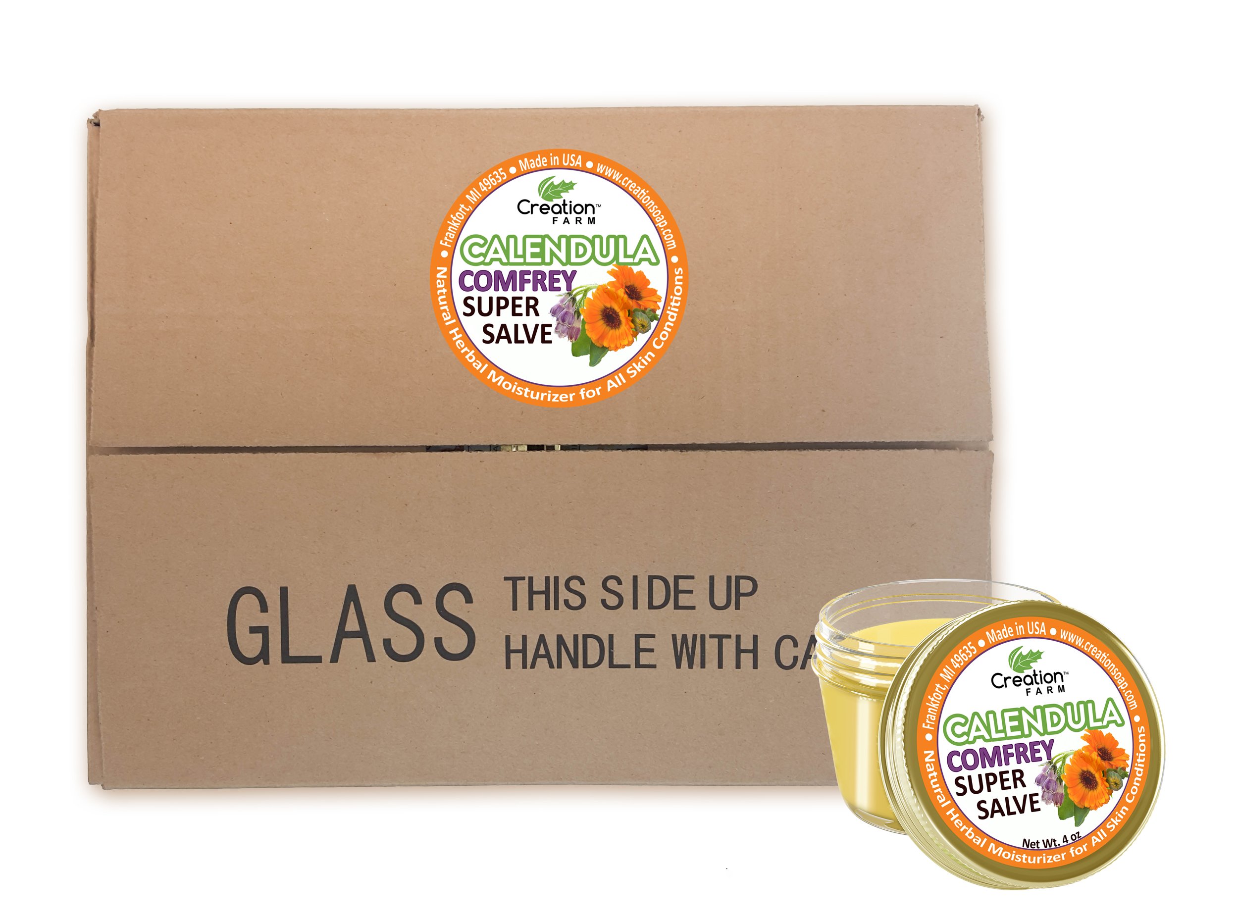 12 Pack Creation Farm Calendula Comfrey Herbal Super Salve - 4 oz Jars (Wholesale) - Natural Skin Care for Dry Hands, Cracked Heels & Minor Burns