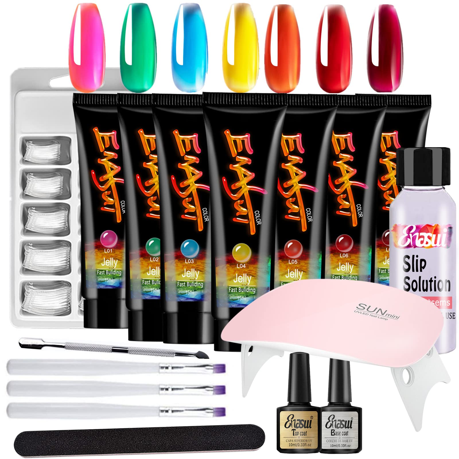 17Pcs Nail Extension Gel Kit with Crystal Jelly, Base Coat, Top Coat & Slip Solution - Professional Poly Nail Art Enhancement Set for Salon & Home Manicure