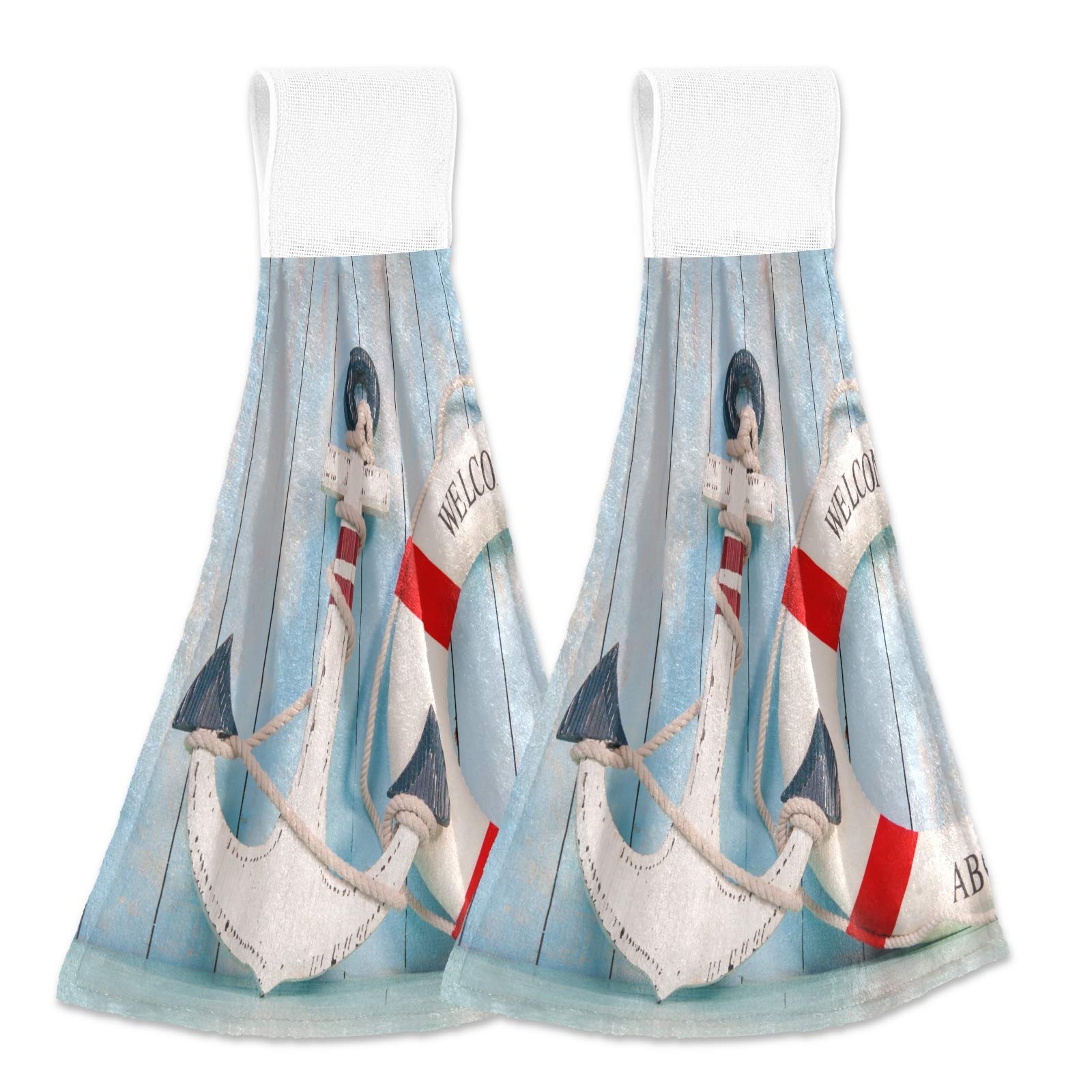 2-Pack Marine Anchor Life Buoy Hanging Kitchen Towels - Soft Coral Velvet Hand & Dish Towels with Loops - Absorbent Bathroom Washcloths for Summer Holiday Decor, Beach House & Nautical Themed Kitchens